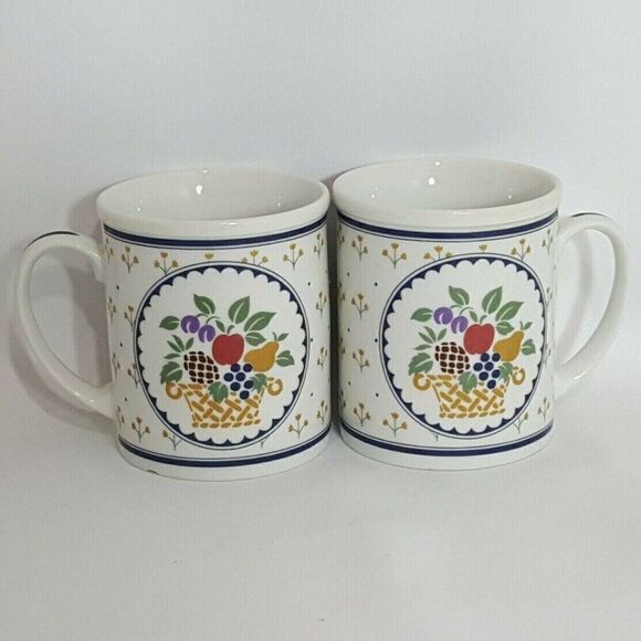 Fruit Basket Floral Coffee Mugs Apple Pear Pineapple Blue Yellow Cottage 2 - Picture 2 of 4
